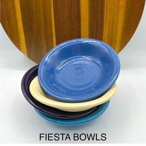 4 Fiesta Ware Saucers. Mulberry, 2 Blues & Yellow. Lead free